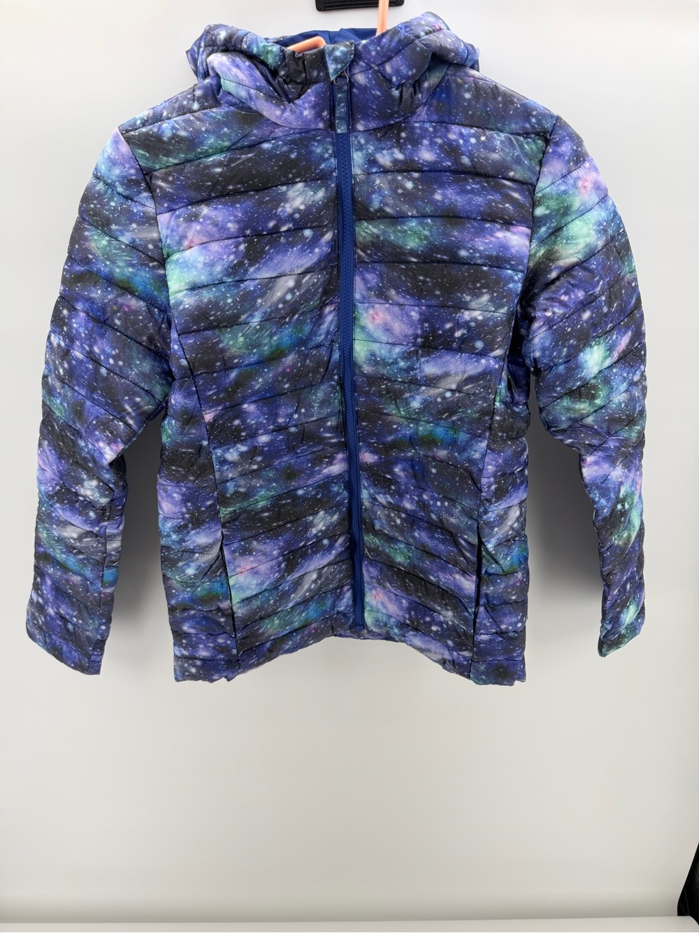 Lands' End Girls Galaxy Print Hooded Puffer Jacket - Purple/Blue size XL (14-16)